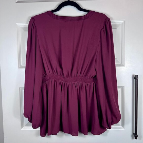 Max Studio Plum Long Sleeve Peplum Blouse | Deep V-Neck Boho Chic Top Size M - Picture 3 of 5